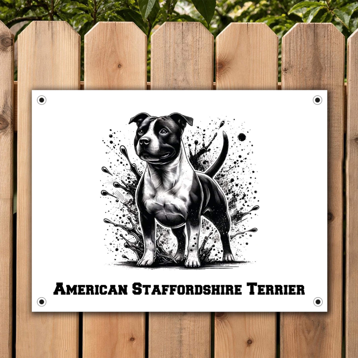 American Staffordshire Terrier Schild mit grosser Illustration an Gartenzaun