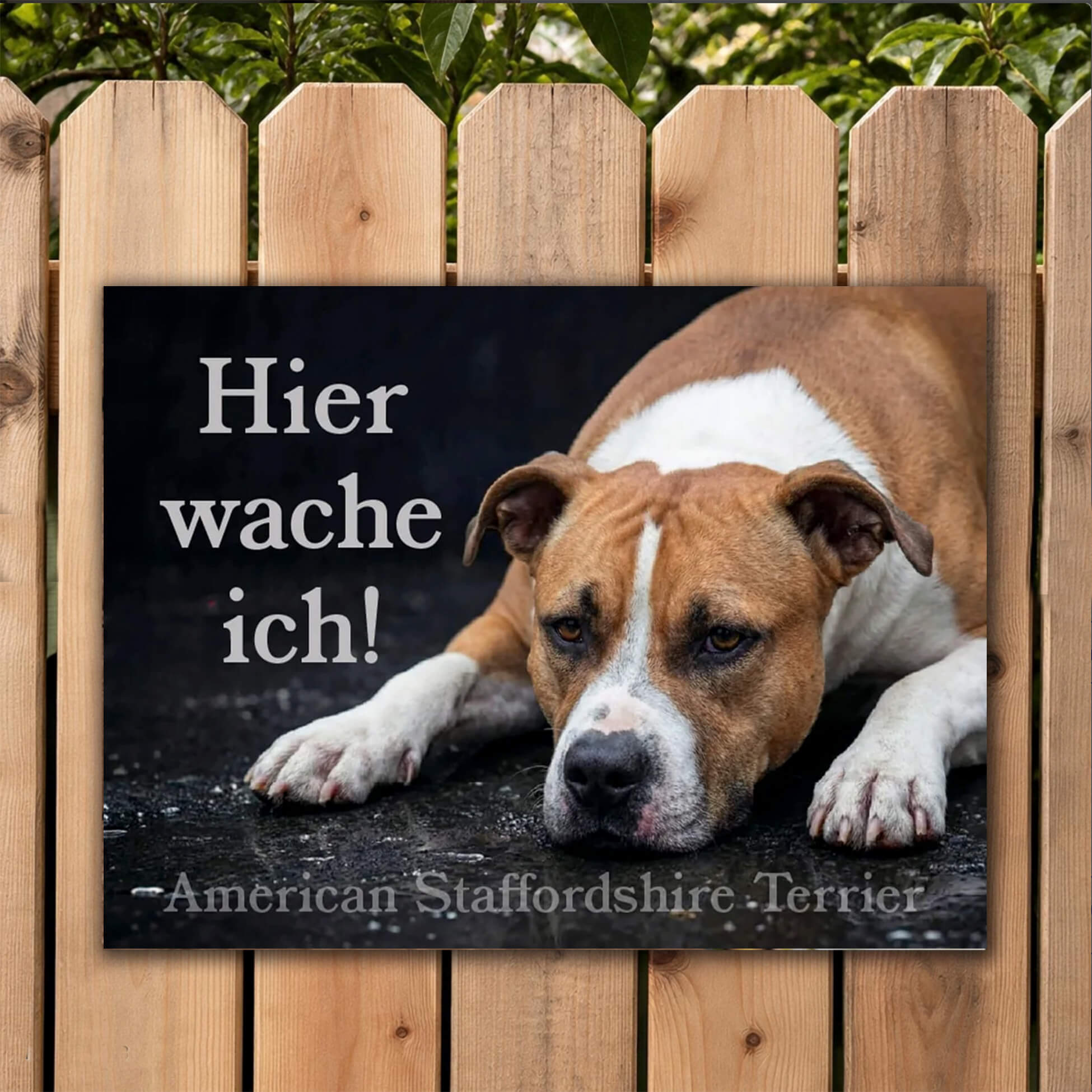 American Staffordshire Terrier Warnschild mit Fotomotiv Gartenzaun