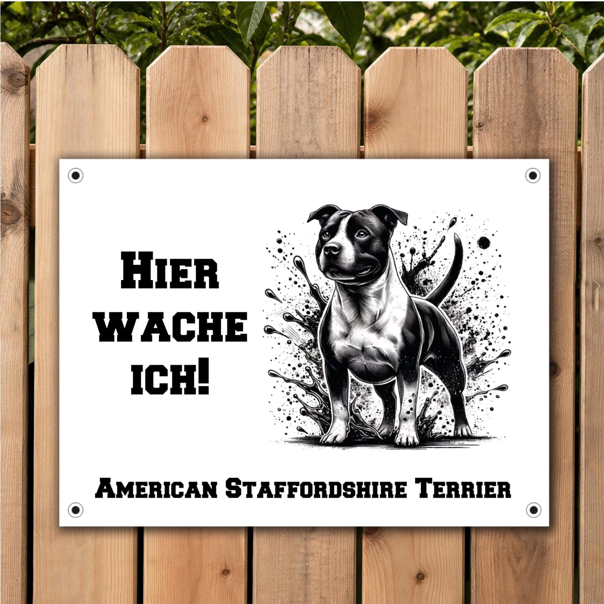 American Staffordshire Terrier Warnschild mit Illustration an Gartenzaun